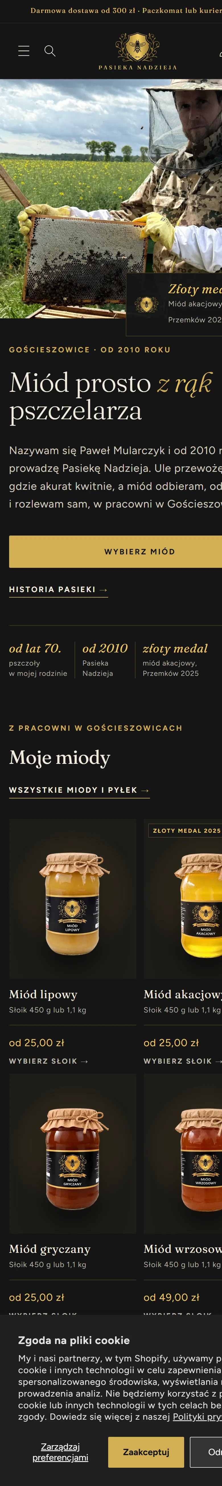 Sklep Pasieki Nadzieja na telefonie: strona główna z historią pasieki i miodami